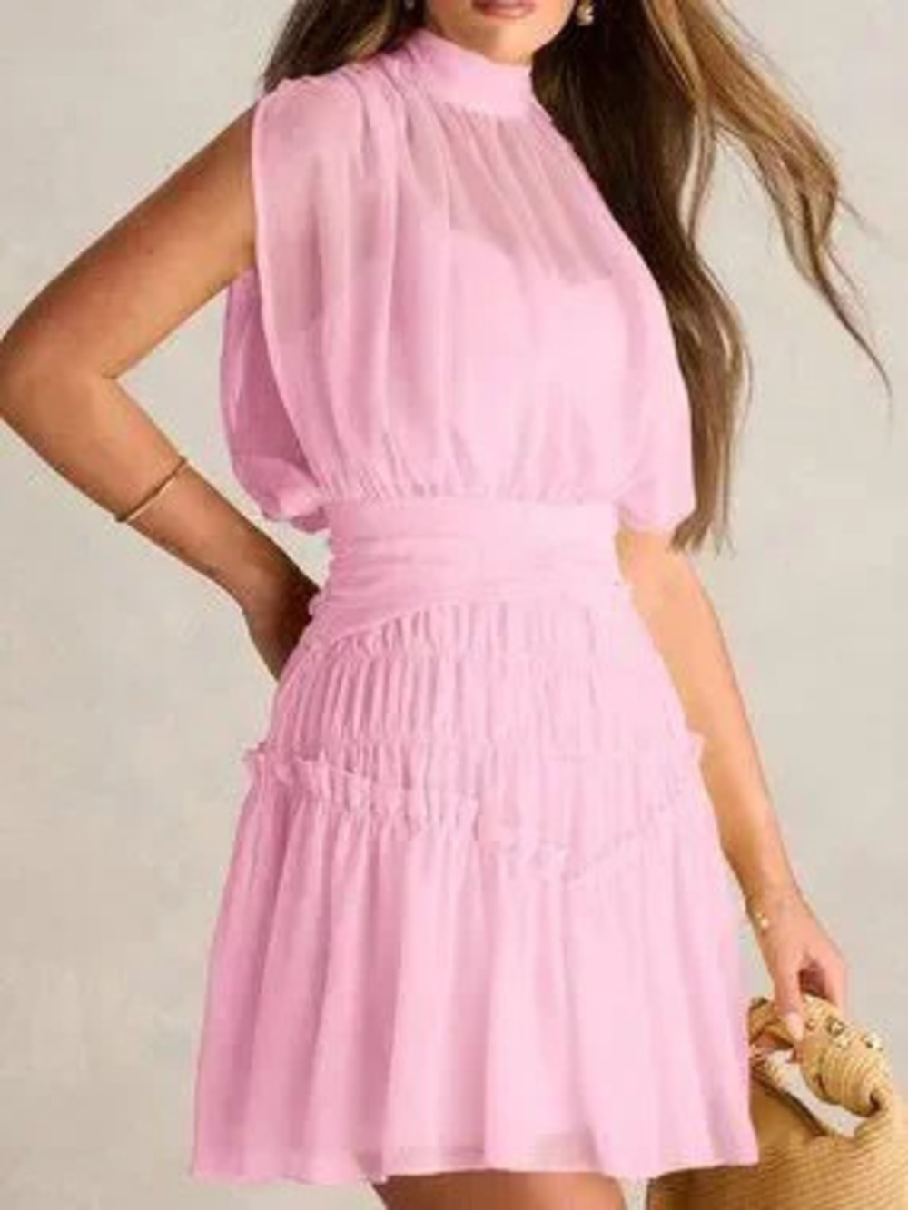 Baby Pink Casual French Elegant Sleeveless Ruffle Hem Women's Short mini Dress